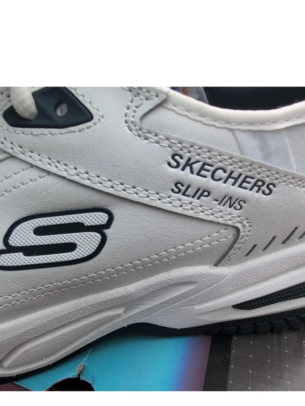 Skechers Sneakers Mens 13 White Blue Durham Delvor Slip Ins Relaxed Dad Shoes